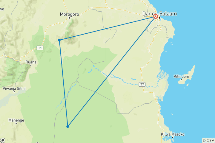 Carte du circuit Safari classique de 4 jours dans le sud de la Tanzanie