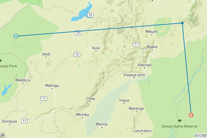 Carte du circuit Safari big 5 dans le sud de la Tanzanie - 6 jours<br />
