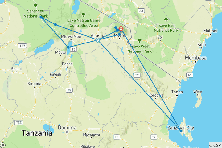 Carte du circuit 15 jours d'ascension du Kilimandjaro, de safari au Serengeti et de vacances à la plage à Zanzibar