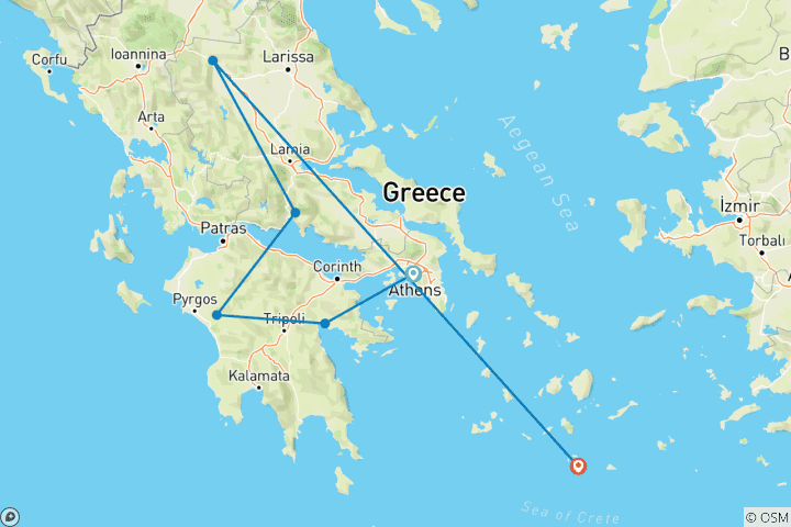 Carte du circuit Circuit en groupe de 10 jours dans la Grèce antique et à Santorin avec croisière au volcan