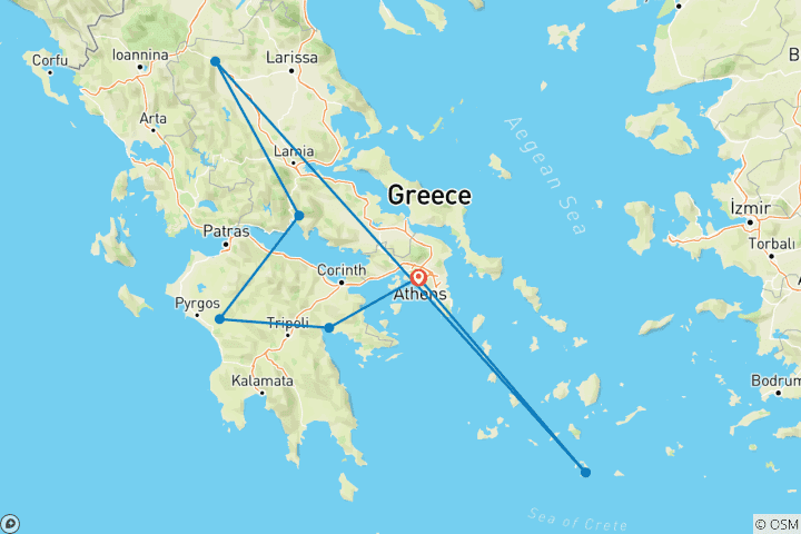 Map of 10 Day Group Tour in Ancient Greece & Santorini with Cruise to Volcano