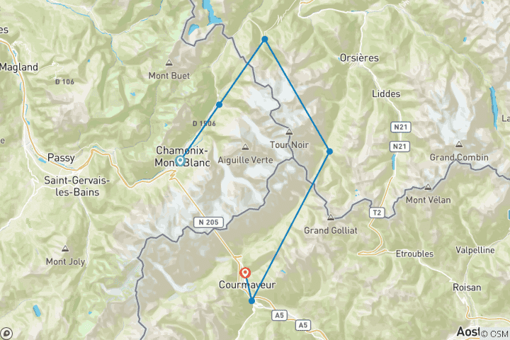 Mapa de Circuito del Mont Blanc norte, habitaciones privadas - circuito autoguiado; 6 días