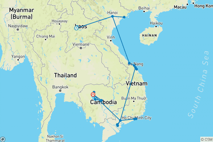 Map of Laos, Vietnam & Cambodia: Small Group Roundtrip & Bathing (incl. flight)