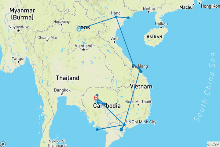 Carte du circuit Supérieur - Points forts de l'Indochine - Laos, Vietnam & Cambodge (vols inclus)