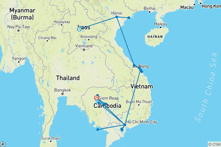 Carte du circuit Les hauts lieux de l'Indochine - Circuit en petit groupe - Laos, Vietnam & Cambodge (vols inclus)