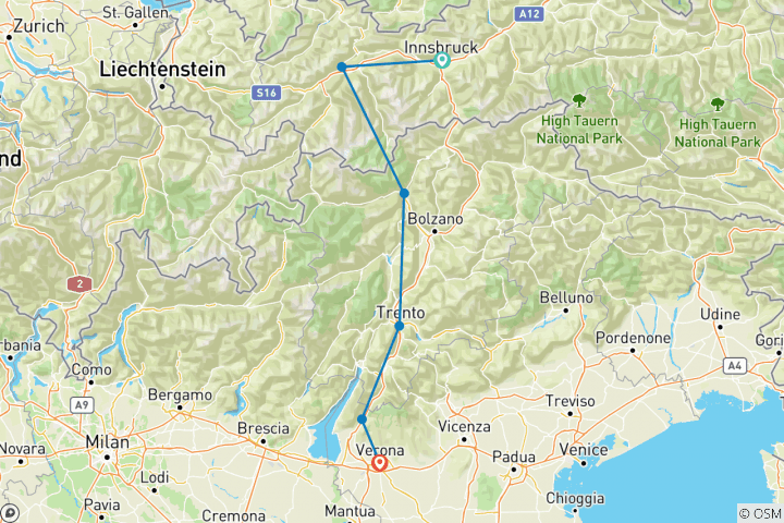 Map of Cycling Tour From Innsbruck to Verona 9 days