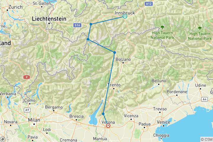 Map of Cycling Tour From Innsbruck to Verona 8 days