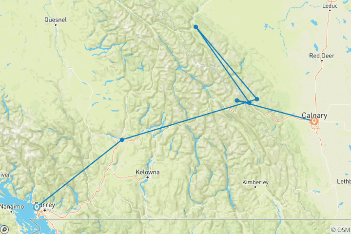 Mapa de Excursión de 6 días de Vancouver a las Rocosas con Rocky Mountaineer | Excursión de verano con salida de Vancouver