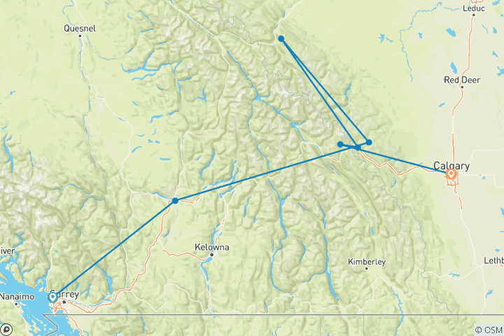 Carte du circuit Circuit estival de 6 jours à Vancouver - Rocky Mountaineer - Circuit d'été dans les Rocheuses｜Départ de Vancouver