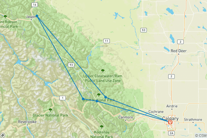 Map of 5-Day Canadian Rockies Adventure: Banff, Jasper & Yoho National Parks Tour