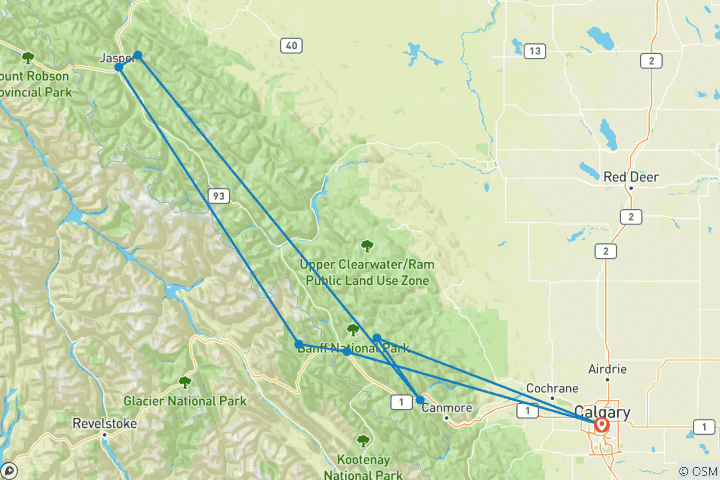 Carte du circuit Explorez les Rocheuses canadiennes en 5 jours : Circuit des parcs nationaux de Banff, Jasper et Yoho