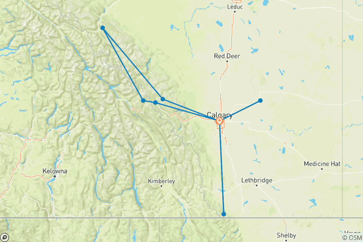 Mapa de Circuito de 7 días por las Rocosas de Alberta y el Valle de los Dinosaurios