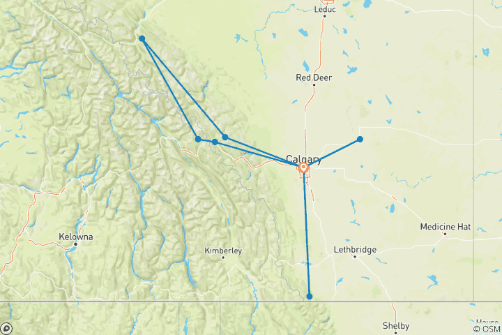 Carte du circuit Circuit d'aventure de 7 jours dans les Rocheuses de l'Alberta et la vallée des dinosaures