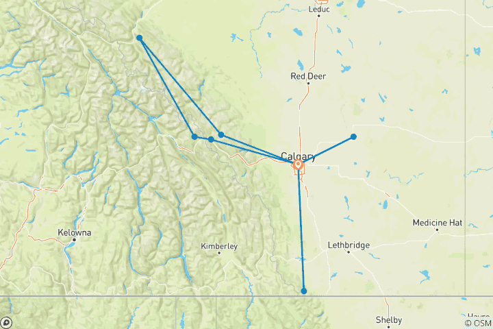 Map of 7-Day Alberta Rockies & Dinosaur Valley Adventure Tour