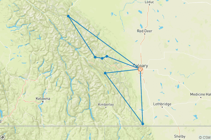 Kaart van 7-daagse Rockies Tour met 5 nationale parken | Ontdek de natuurlijke wonderen van Canada