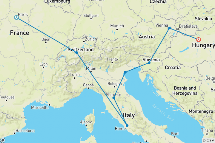 Mapa de De París a Budapest: lugares famosos y bocados sabrosos