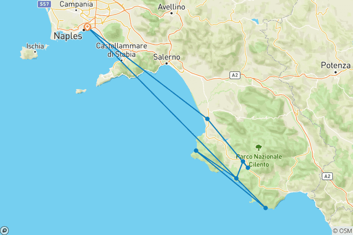 Kaart van Cilento rondreis - 7 dagen