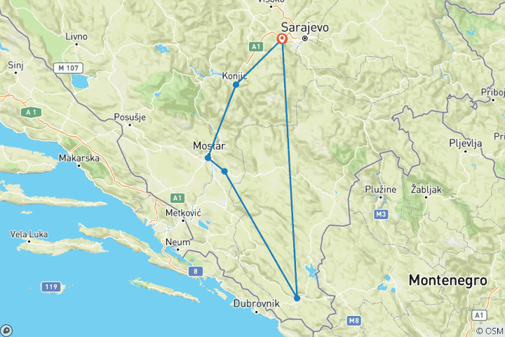 Kaart van Alle seizoenen 4 dagen Bosnië, ontdekkingstocht vanuit Sarajevo. UNESCO plaatsen. Natuur. Architectuur. Geschiedenis. Keuken. Wijn. Langzaam reizen