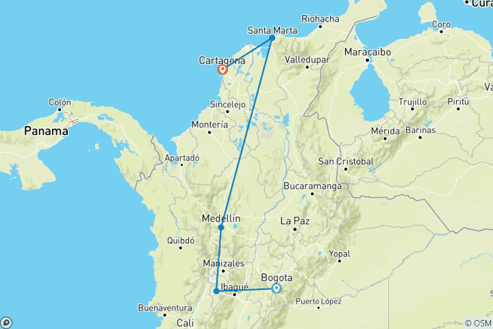 Map of Private Service I Colombia's Grand Tour: Bogotá, The Coffee Region, Medellín, Tayrona & Cartagena — Domestic Flights Included