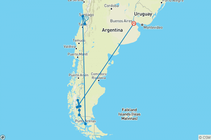 Kaart van Het Patagonische Avontuur in Chili en Argentinië