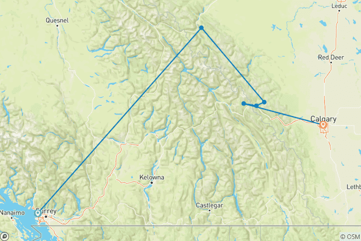 Carte du circuit Aventure VIA Rail de 5 jours de Vancouver aux Rocheuses | Départ de Vancouver