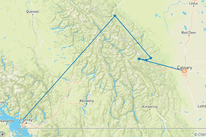 Carte du circuit Aventure VIA Rail de 5 jours de Vancouver aux Rocheuses | Départ de Vancouver