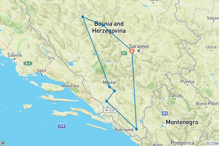 Karte von Entdeckungsreise Bosnien: UNESCO-Stätten, Natur, Architektur, Geschichte & Kulinarik im Genießertempo (ab Sarajevo, 4 Tage)