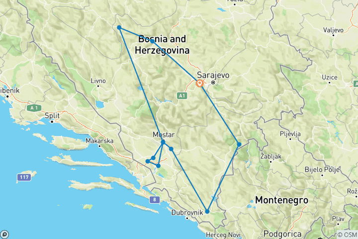Map of All seasons Bosnia discovery 6 days tour from Sarajevo. Bosnia: off-the-beaten-path travel example. Land of Ottoman fortresses and Orthodox monasteries.