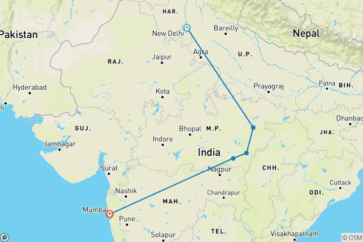 Map of Tiger Trails: Central India Exploration from Delhi/Mumbai