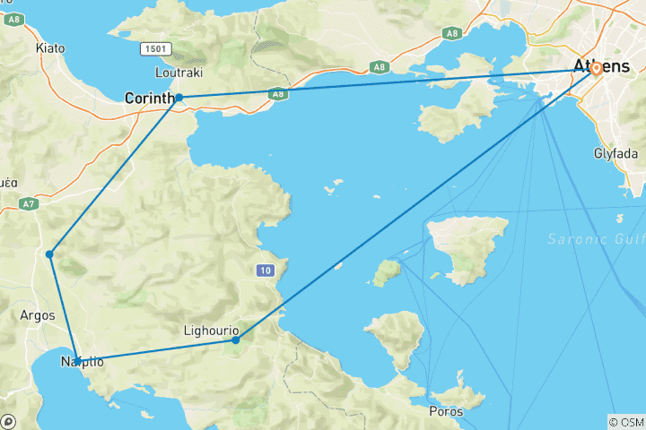 Carte du circuit Circuit de deux jours à Nauplie, Mycènes et Épidaure au départ d'Athènes