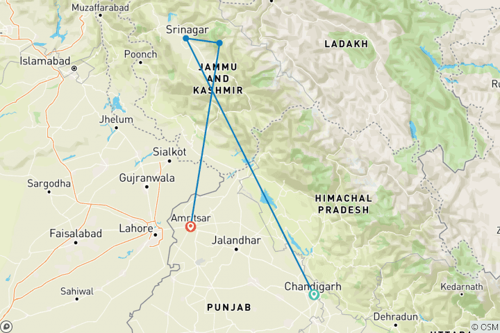 Map of Private 8 Day Best of Kashmir with Golden Temple Tour