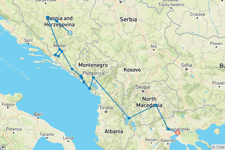 Map of Discover Bosnia Montenegro and Macedonia in a 14 days tour from Sarajevo. UNESCO sites. Nature. Culture. History. Cuisine. Wine. Slow travel.