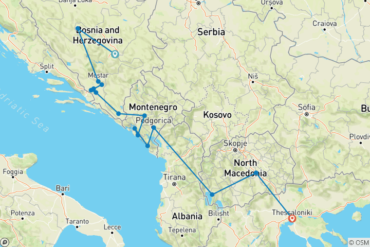 Mapa de Descubre Bosnia montenegro y Macedonia en un viaje de 14 días desde Sarajevo. Sitios de la UNESCO. naturaleza. arquitectura. cultura. historia. gastronomía. el vino. viajar despacio