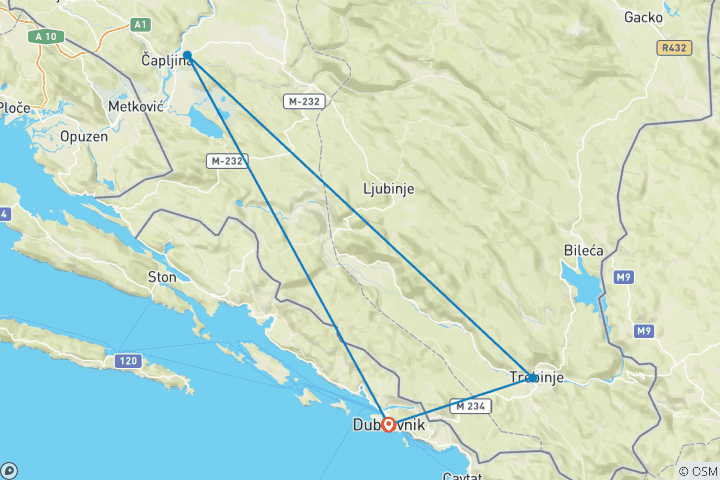 Carte du circuit Circuit découverte de la Bosnie en 2 jours au départ de Dubrovnik. Trebinje, Tvrdos, Pocitelj, grotte de Vjetrenica, Zavala, Radimlja, Pocitelj, Riviera de Dubrovnik. Sites de l'UNESCO. Nature. Architecture. Culture. Histoire. Cuisine. Vin.