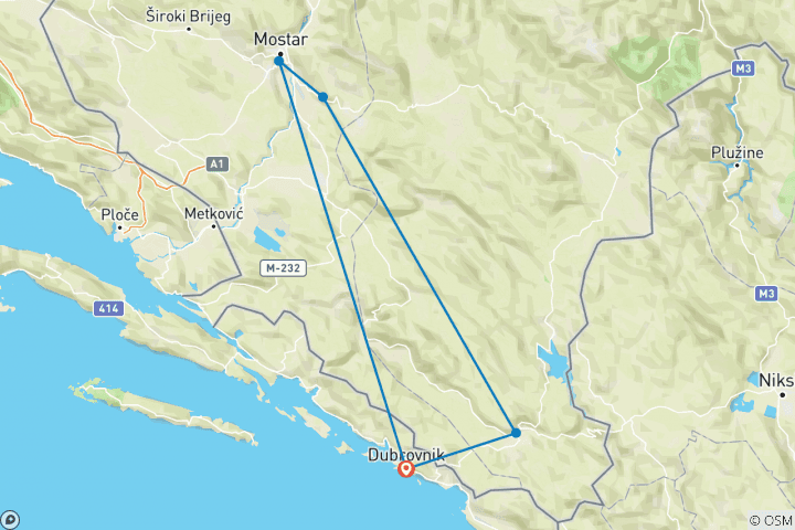 Kaart van Alle seizoenen 2 dagen Bosnië ontdekkingstocht vanuit Dubrovnik. Trebinje, Tvrdos, Zavala, Radimlja, Blagaj, Mostar. UNESCO plaatsen. Natuur. Architectuur. Cultuur. Wijn. Keuken.