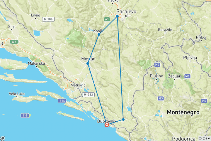 Kaart van Verkenningsreis door Bosnië - alle seizoenen - vanuit Dubrovnik - natuur, architectuur, cultuur, geschiedenis, keuken & wijnen - 3 dagen