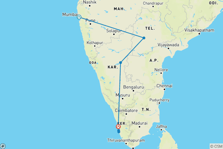 Mapa de Gran circuito por los monumentos imperiales y los Remansos de Kerala desde Bombay