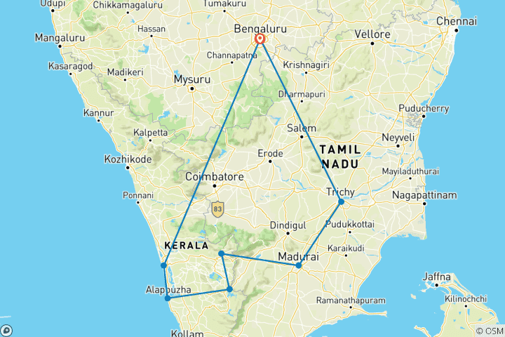 Mapa de Escapada a los templos y remansos de Karnataka a Tamil Nadu