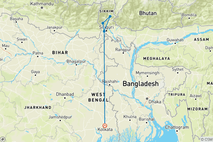 Kaart van Van Kolkata naar de parels van de oostelijke Himalaya – Darjeeling & Gangtok