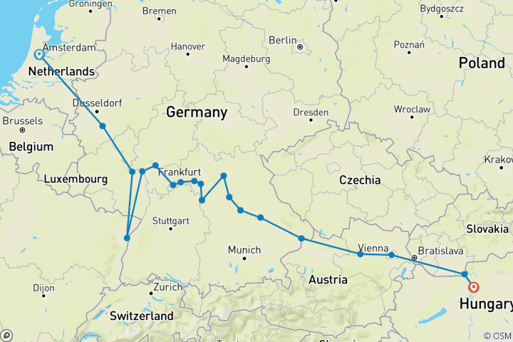 Map of Cruise across Europe from Amsterdam to Budapest (port-to-port cruise) (20 destinations)