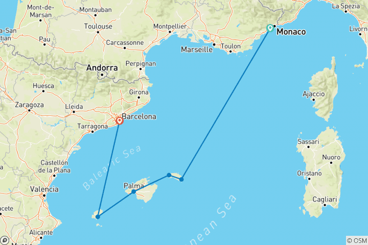 Carte du circuit "Soleil et plaisir dans les îles Baléares - Une croisière passionnante à destination de Barcelone et des îles Baléares - forfait port à port".