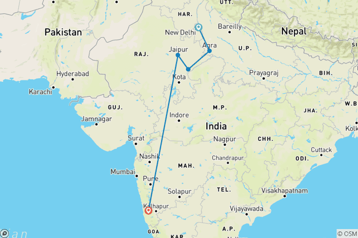 Kaart van De Gouden Driehoek van India – met wilde dieren & Goa