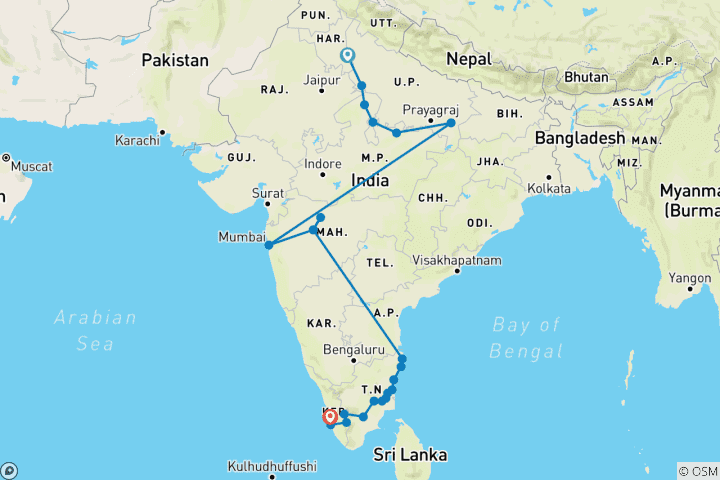 Carte du circuit Un voyage culturel : Du nord à l'ouest et au sud de l'Inde