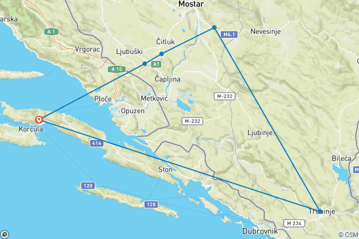 Carte du circuit Expérience culturelle et vinicole, 2 jours d'excursion en Bosnie en toute saison au départ de Korcula : Vjetrenica, Trebinje, Tvrdos, Blagaj, Medjugorje, Kravica. Sites de l'UNESCO. Nature. Architecture.