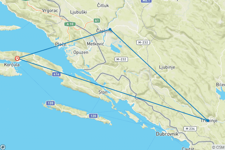 Carte du circuit Expérience culturelle et vinicole, 2 jours d'excursion en Bosnie en toute saison au départ de Korcula : Vjetrenica, Trebinje, Tvrdos, Stolac, Pocitelj. Sites de l'UNESCO. Nature. Architecture.