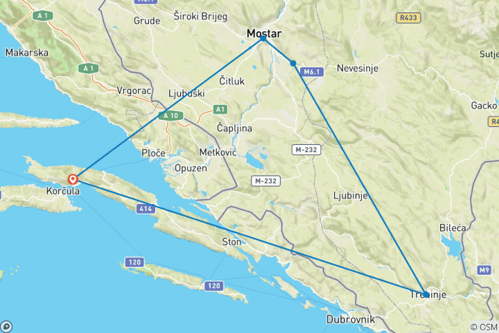 Carte du circuit Expérience culturelle et vinicole, circuit de 2 jours en Bosnie au départ de Korcula : Vjetrenica, Trebinje, Tvrdos, Blagaj, Mostar. Sites de l'UNESCO. Nature. Architecture.