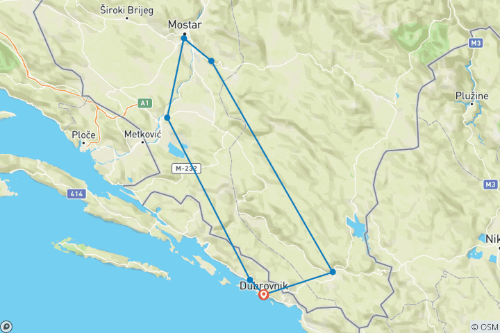 Carte du circuit Circuit de 3 jours au départ de Dubrovnik pour découvrir la Bosnie en toutes saisons. Trebinje, Tvrdos, Blagaj, Mostar, Pocitelj, Mogorjelo, Arboretum de Trsteno.