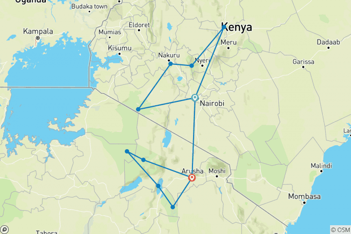 Map of 18-Day Kenya & Tanzania Safari Exploration- High End Jeep Private Safari