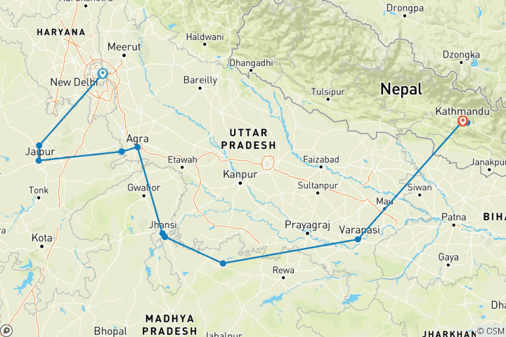 Karte von Nordindien und Nepal