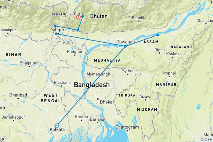 Map of Bhutan Trip from Kolkata